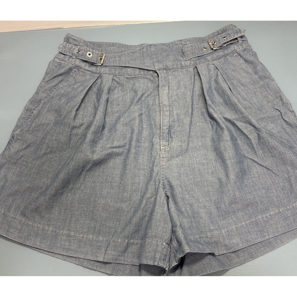Ralph Lauren Sz 14 Pleated Chambray High Rise Adjustable Cross Belted Mom Shorts